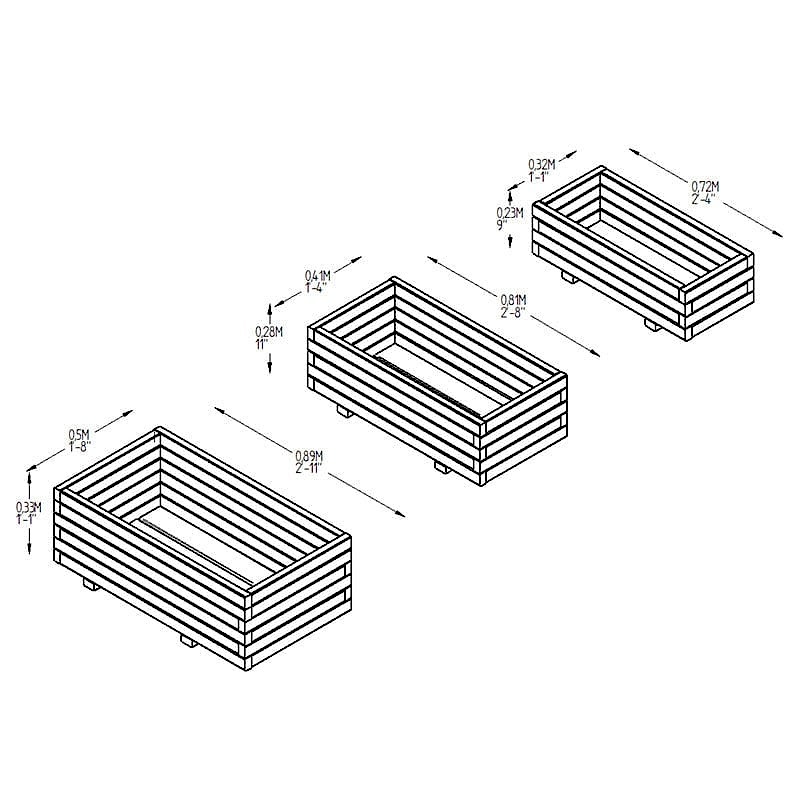 Forest Durham Rectangular Wooden Garden Planter 3'x1'9 (0.9x0.5m) - Set of 3 Technical Drawing