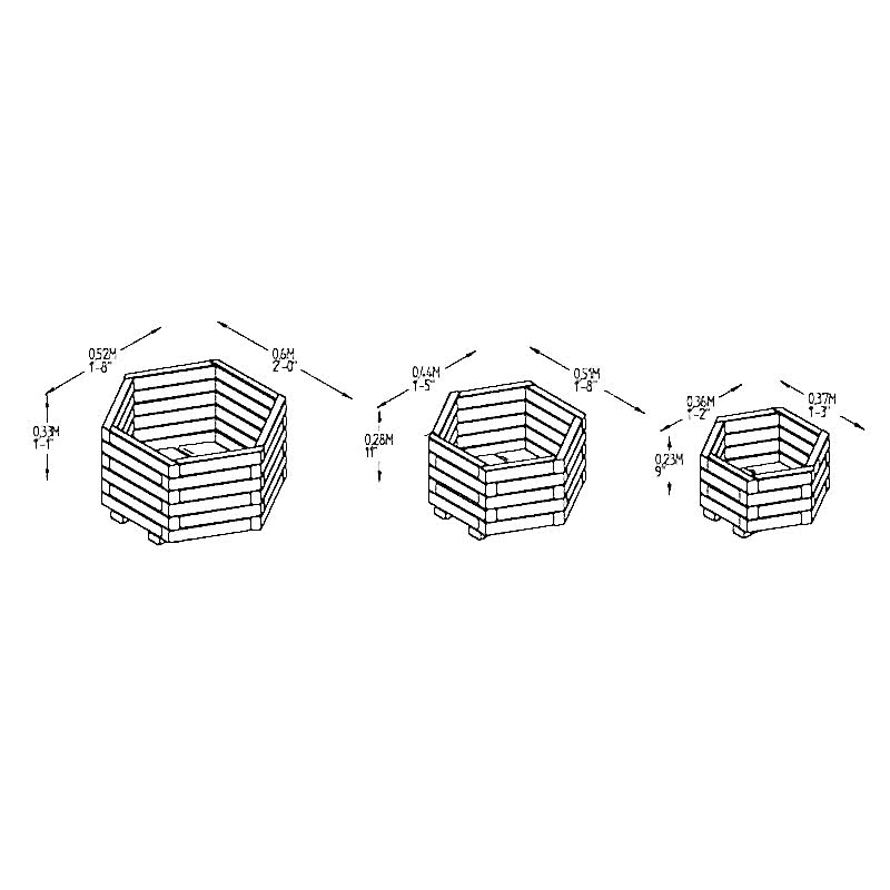 Forest York Hexagonal Wooden Garden Planter 3'x1'8 (0.9x0.5m) - Set of 3 Technical Drawing