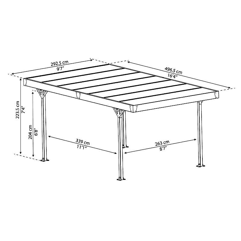 10' x 16' Palram Canopia Palma 5000 Grey Metal Carport with Grey Polycarbonate Roof (2.93m x 4.97m) Technical Drawing