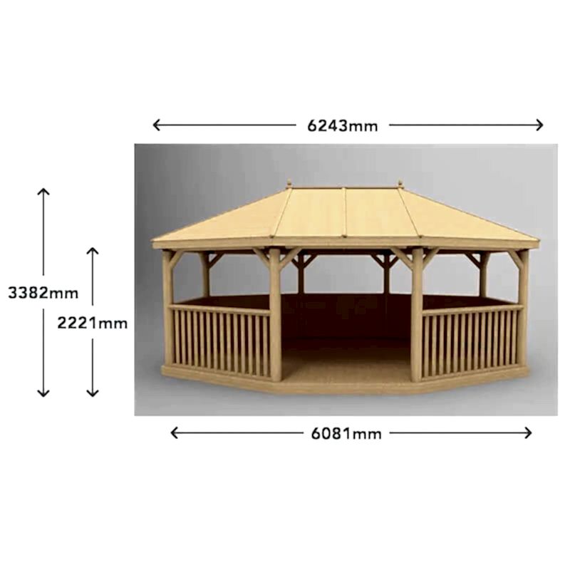 20'x15' (6x4.7m) Premium Wooden Furnished Garden Gazebo with Timber Roof - Seats up to 27 people Technical Drawing