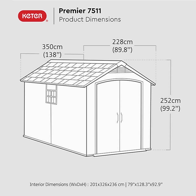 7' x 11' Keter Premier Plastic Garden Shed (2.28m x 3.50m) Technical Drawing