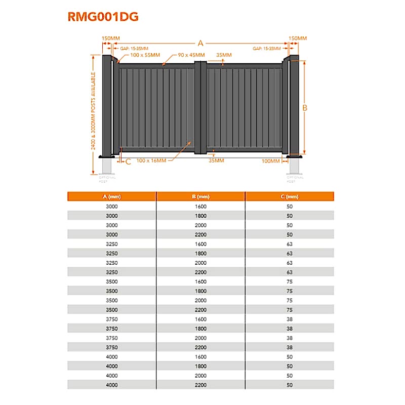 Devon Premium Metal Driveway Double Gates - Grey Technical Drawing