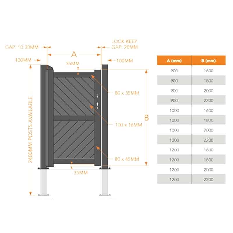 Barnstaple Premium Metal Side Gate - Grey Technical Drawing