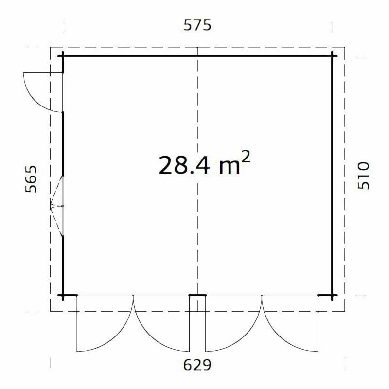 Palmako Roger 5.7m x 5.1m Log Cabin Double Garage (44mm) - Double Doors Technical Drawing