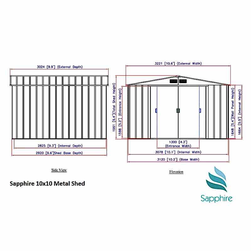 10' x 10' Sapphire Apex Anthracite Metal Shed (3.22m x 3.02m) Technical Drawing