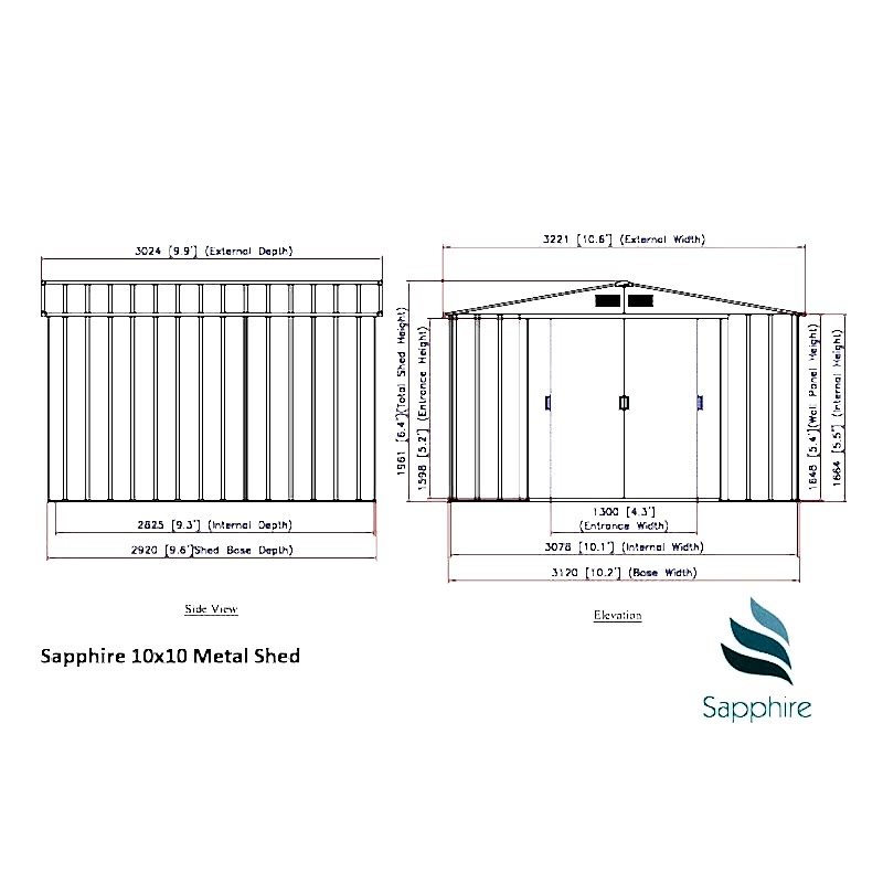 10' x 10' Sapphire Apex Green Metal Shed (3.22m x 3.02m) Technical Drawing