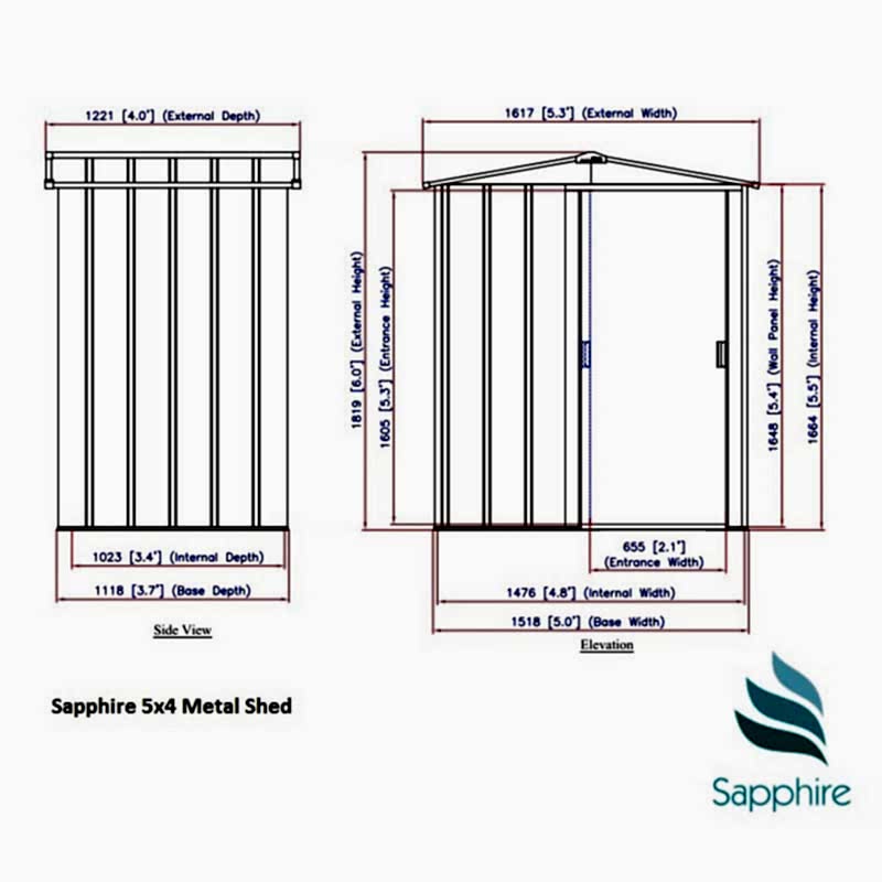 5' x 4' Sapphire Apex Green Metal Shed (1.62m x 1.22m) Technical Drawing