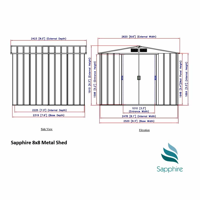8' x 8' Sapphire Apex Anthracite Metal Shed (2.62m x 2.42m) Technical Drawing