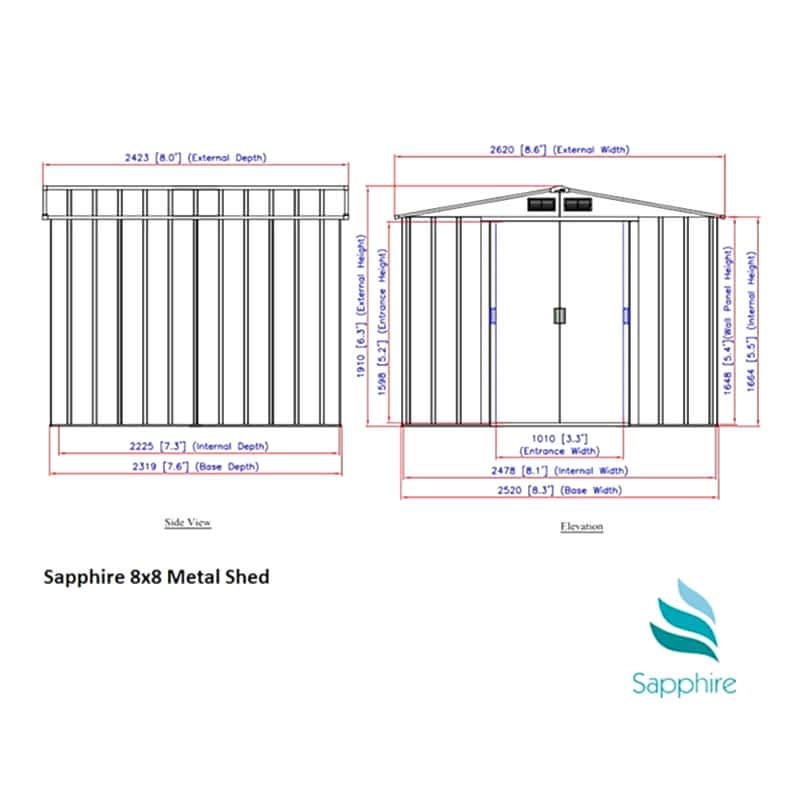 8' x 8' Sapphire Apex Green Metal Shed (2.62m x 2.42m) Technical Drawing