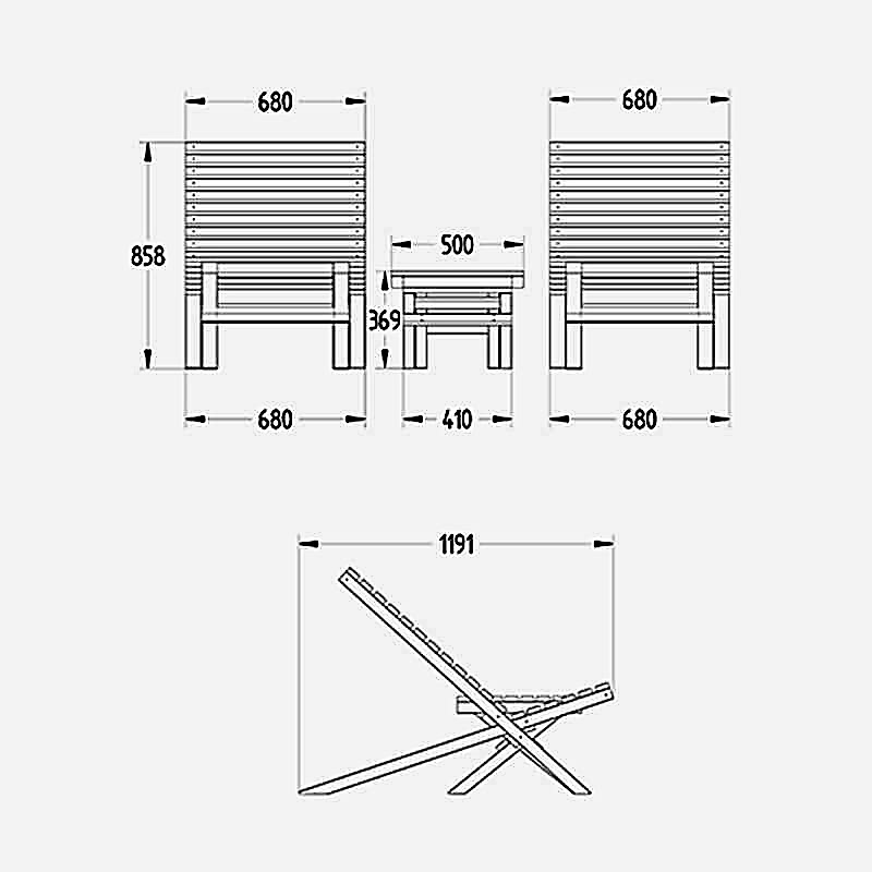 Forest Slatted Wooden Garden Table and Chairs Set 2'3 x 3'11 (0.68m x 1.19m) Technical Drawing