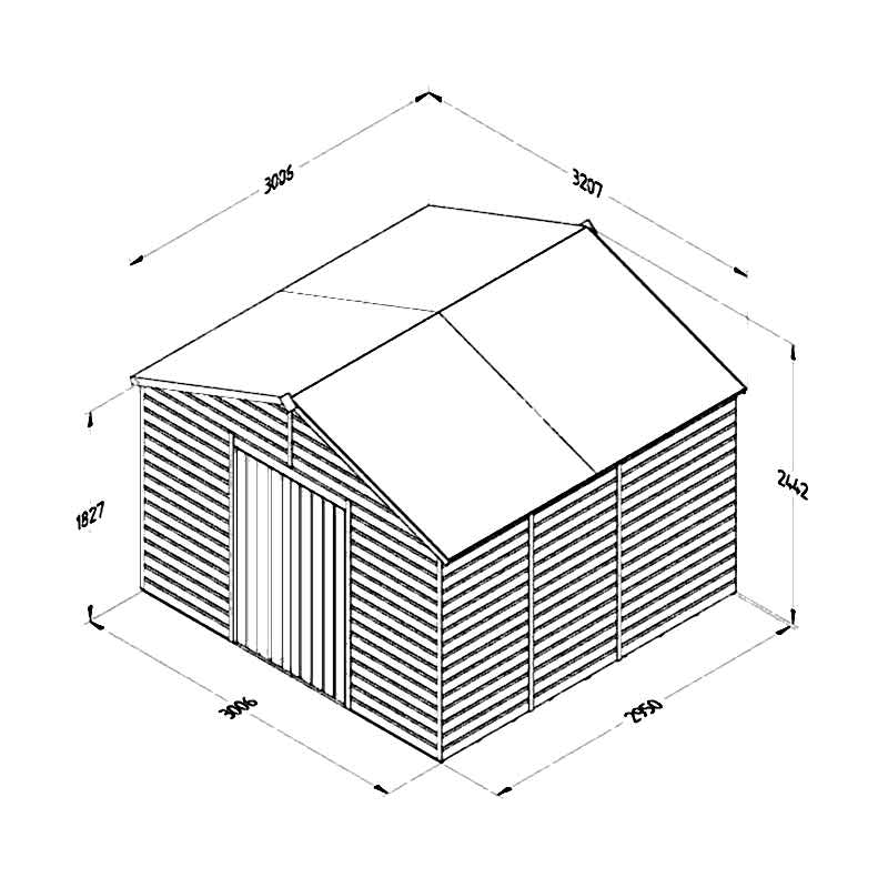 10' x 10' Forest Beckwood 25yr Guarantee Shiplap Pressure Treated Windowless Double Door Apex Wooden Shed (3.21m x 3.01m) Technical Drawing