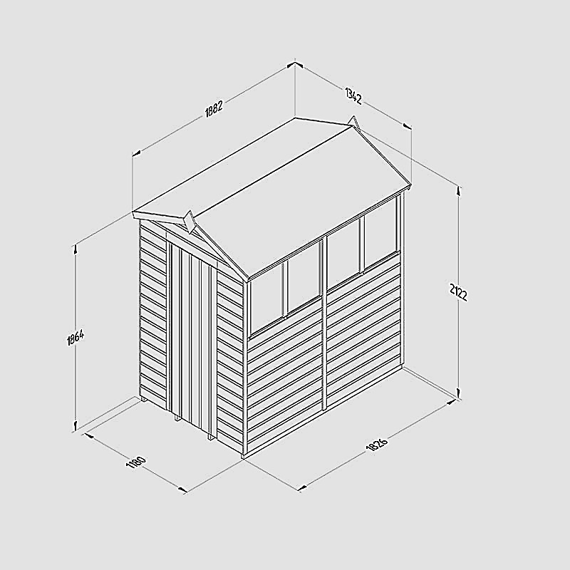 6' x 4' Forest Beckwood 25yr Guarantee Shiplap Pressure Treated Apex Wooden Shed - 4 Windows (1.88m x 1.34m) Technical Drawing
