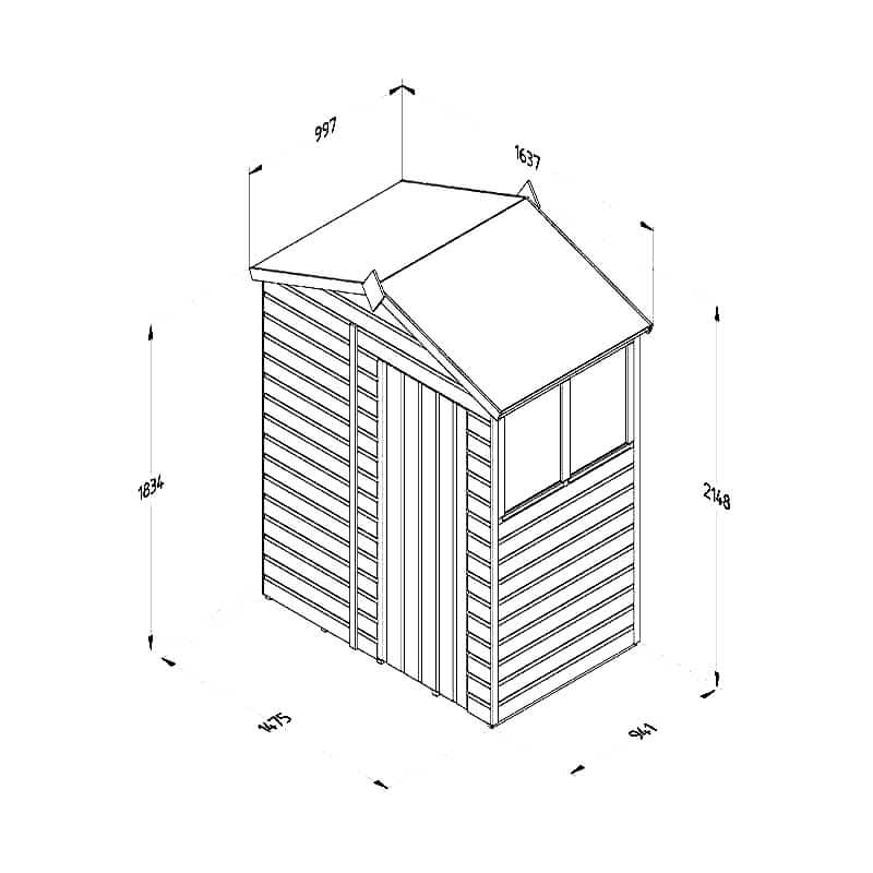 5' x 3' Forest Beckwood 25yr Guarantee Shiplap Pressure Treated Apex Wooden Shed (1.64m x 1m) Technical Drawing