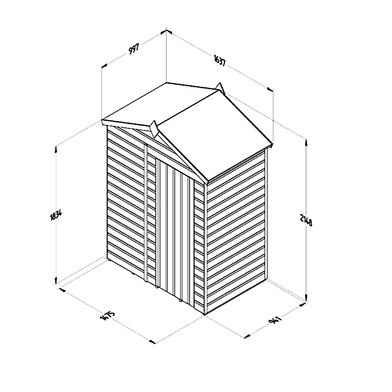 5' x 3' Forest Beckwood 25yr Guarantee Shiplap Pressure Treated Windowless Apex Wooden Shed (1.64m x 1m) Technical Drawing
