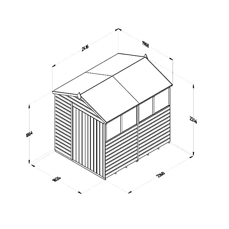 8' x 6' Forest Beckwood 25yr Guarantee Shiplap Pressure Treated Double Door Apex Wooden Shed - 4 Windows (2.42m x 1.99m) Technical Drawing