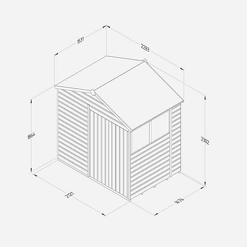 7' x 5' Forest Beckwood 25yr Guarantee Shiplap Pressure Treated Double Door Apex Wooden Shed (2.28m x 1.53m) Technical Drawing
