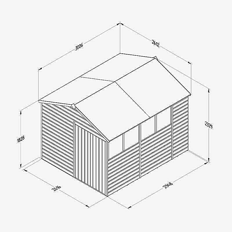 10' x 8' Forest Beckwood 25yr Guarantee Shiplap Pressure Treated Double Door Apex Wooden Shed (3.01m x 2.61m) Technical Drawing