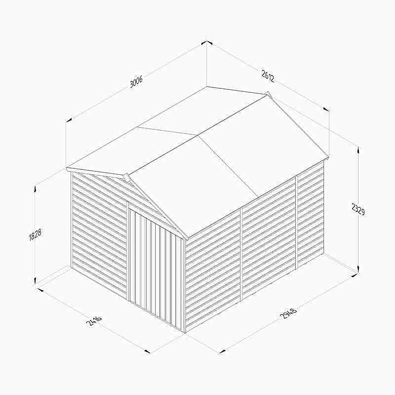 10' x 8' Forest Beckwood 25yr Guarantee Shiplap Pressure Treated Windowless Double Door Apex Wooden Shed (3.01m x 2.61m) Technical Drawing