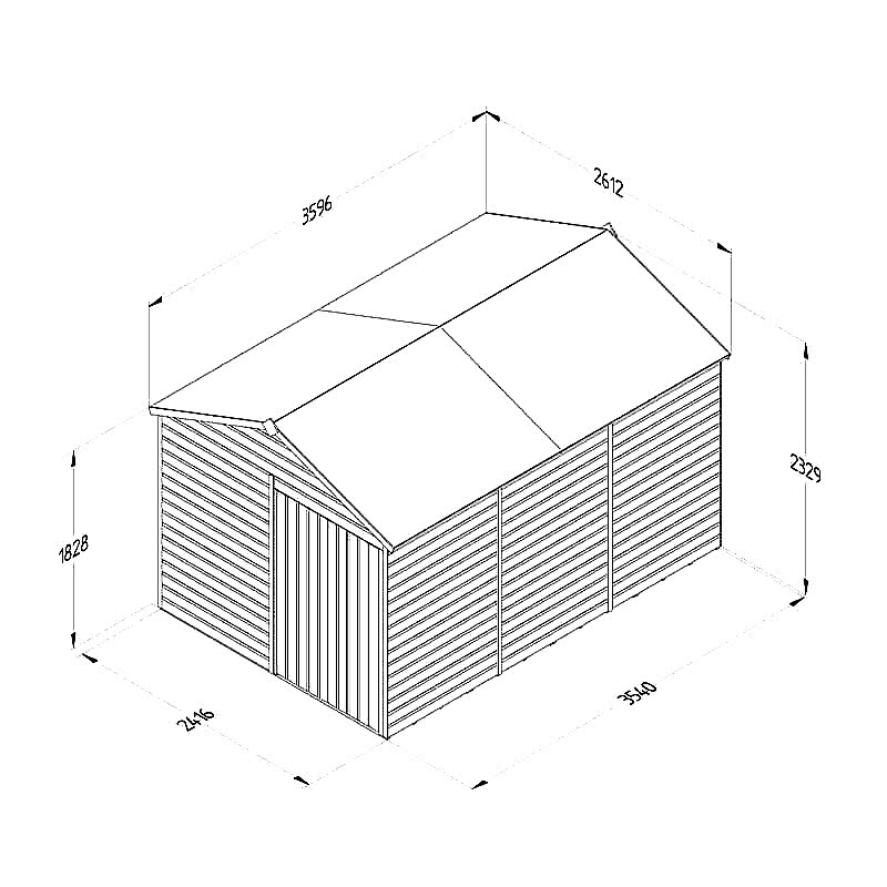 12' x 8' Forest Beckwood 25yr Guarantee Shiplap Pressure Treated Windowless Double Door Apex Wooden Shed (3.6m x 2.61m) Technical Drawing