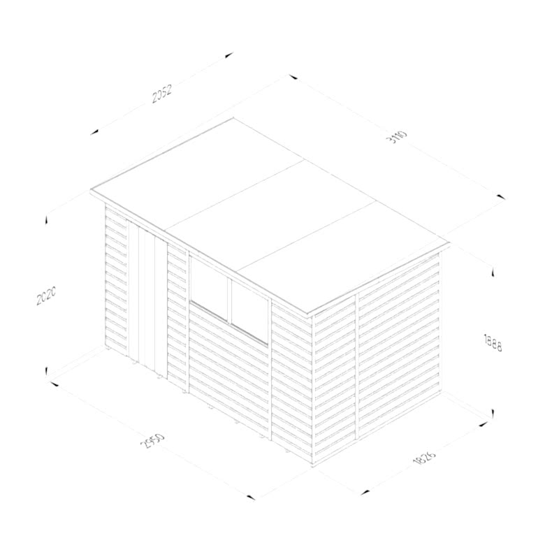 10' x 6' Forest Beckwood 25yr Guarantee Shiplap Pressure Treated Pent Wooden Shed (3.11m x 2.05m) Technical Drawing