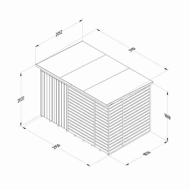 10' x 6' Forest Beckwood 25yr Guarantee Shiplap Pressure Treated Windowless Double Door Pent Wooden Shed (3.11m x 2.05m) Technical Drawing