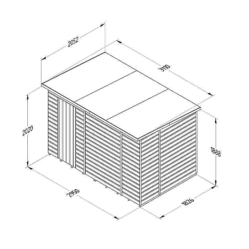 10' x 6' Forest Beckwood 25yr Guarantee Shiplap Pressure Treated Windowless Pent Wooden Shed (3.11m x 2.05m) Technical Drawing