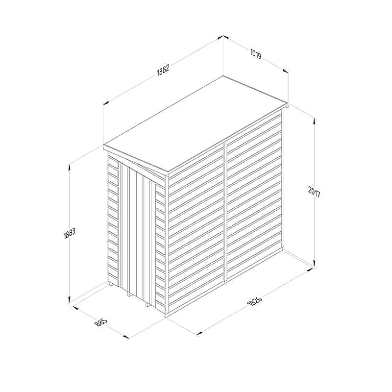 6' x 3' Forest Beckwood 25yr Guarantee Shiplap Pressure Treated Windowless Pent Wooden Shed (1.88m x 1.02m) Technical Drawing