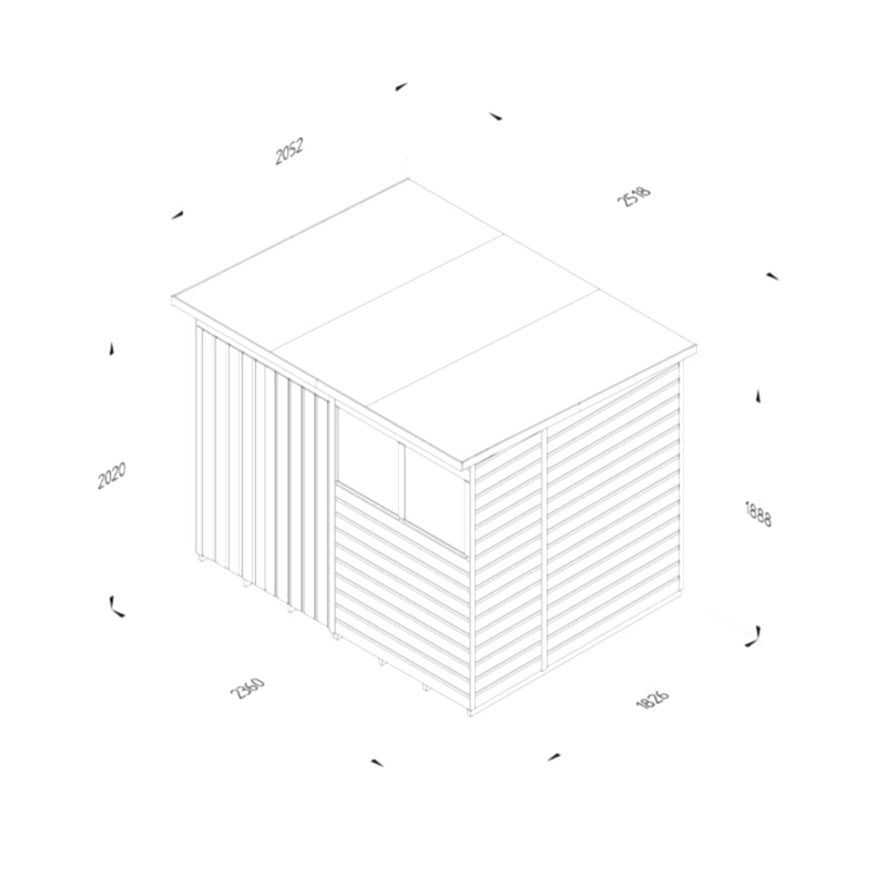 8' x 6' Forest Beckwood 25yr Guarantee Shiplap Pressure Treated Double Door Pent Wooden Shed (2.52m x 2.05m) Technical Drawing
