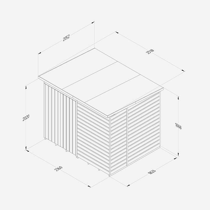 8' x 6' Forest Beckwood 25yr Guarantee Shiplap Pressure Treated Windowless Double Door Pent Wooden Shed (2.52m x 2.05m) Technical Drawing