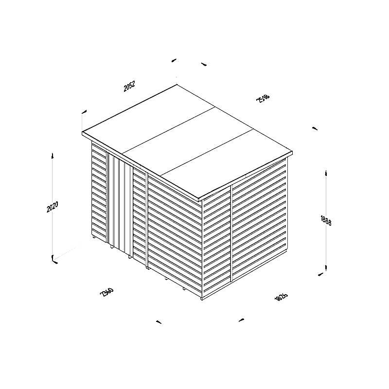8' x 6' Forest Beckwood 25yr Guarantee Shiplap Pressure Treated Windowless Pent Wooden Shed (2.52m x 2.05m) Technical Drawing