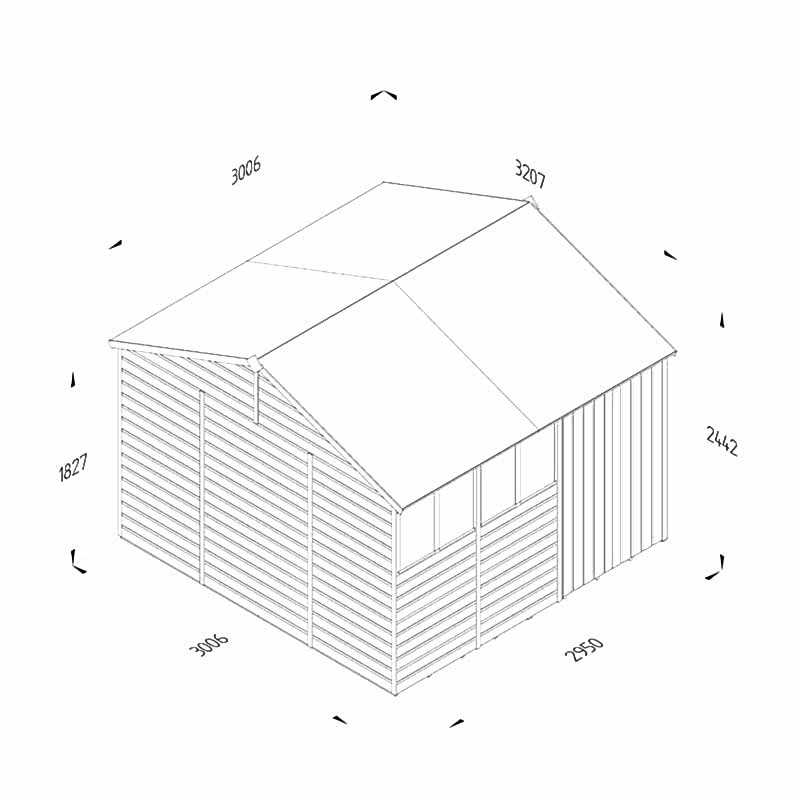10' x 10' Forest Beckwood 25yr Guarantee Shiplap Pressure Treated Double Door Reverse Apex Wooden Shed (3.21m x 3.01m) Technical Drawing