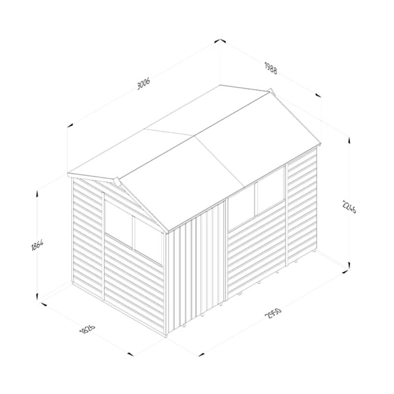 10' x 6' Forest Beckwood 25yr Guarantee Shiplap Pressure Treated Double Door Reverse Apex Wooden Shed (3.01m x 1.99m) Technical Drawing