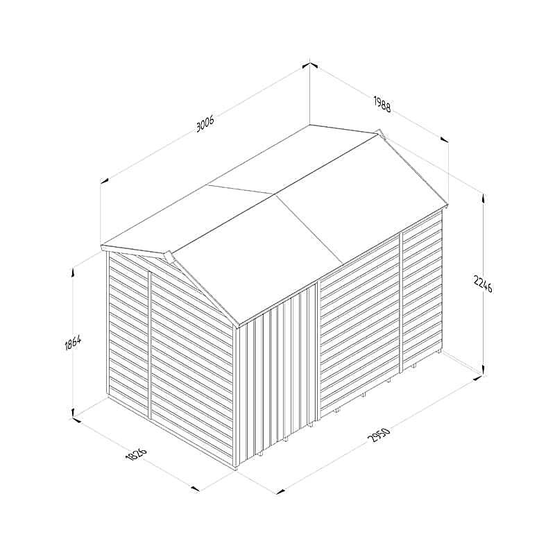 10' x 6' Forest Beckwood 25yr Guarantee Shiplap Pressure Treated Windowless Double Door Reverse Apex Wooden Shed (3.01m x 1.99m) Technical Drawing