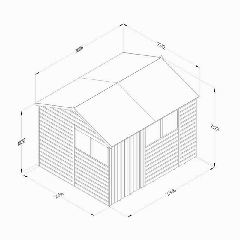 10' x 8' Forest Beckwood 25yr Guarantee Shiplap Pressure Treated Double Door Reverse Apex Wooden Shed (3.01m x 2.61m) Technical Drawing