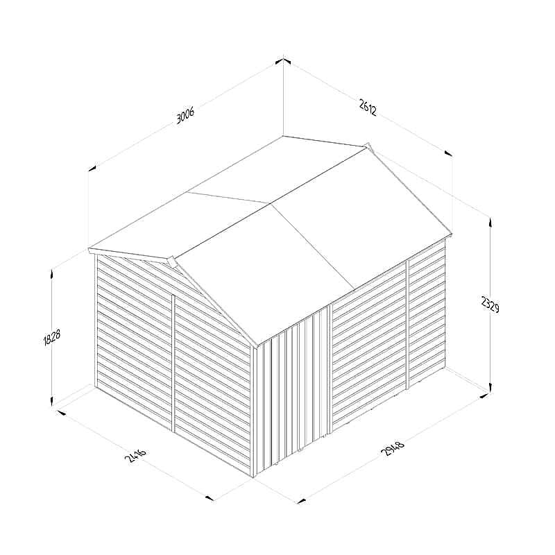 10' x 8' Forest Beckwood 25yr Guarantee Shiplap Pressure Treated Windowless Double Door Reverse Apex Wooden Shed (3.01m x 2.61m) Technical Drawing