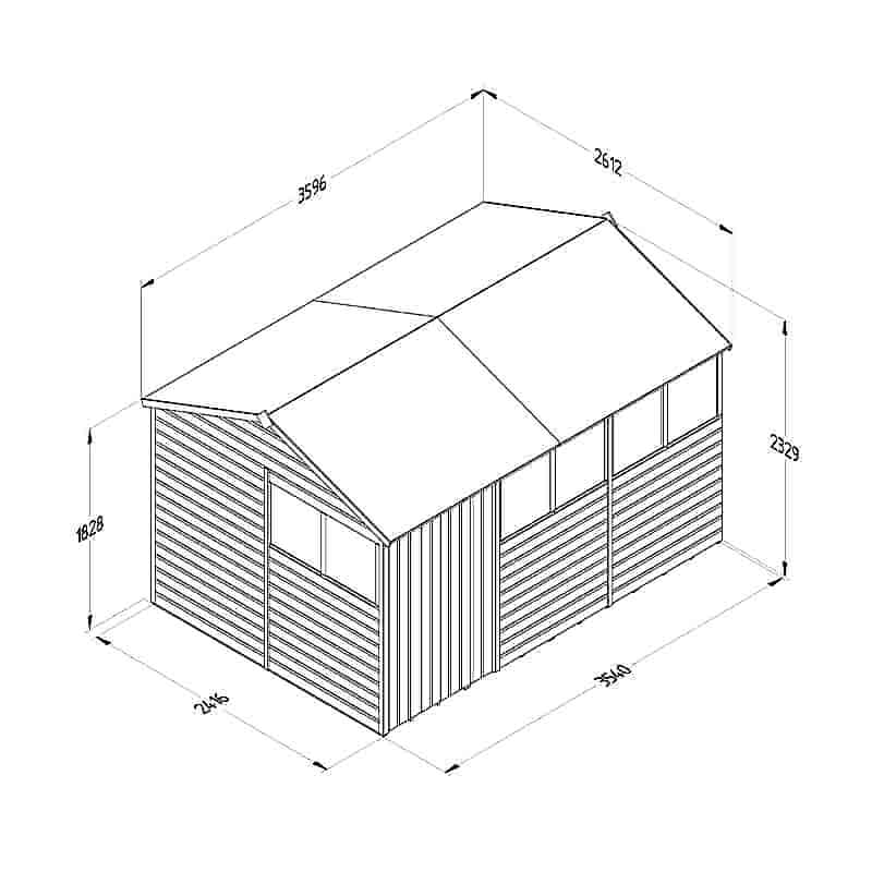 12' x 8' Forest Beckwood 25yr Guarantee Shiplap Pressure Treated Double Door Reverse Apex Wooden Shed (3.6m x 2.61m) Technical Drawing