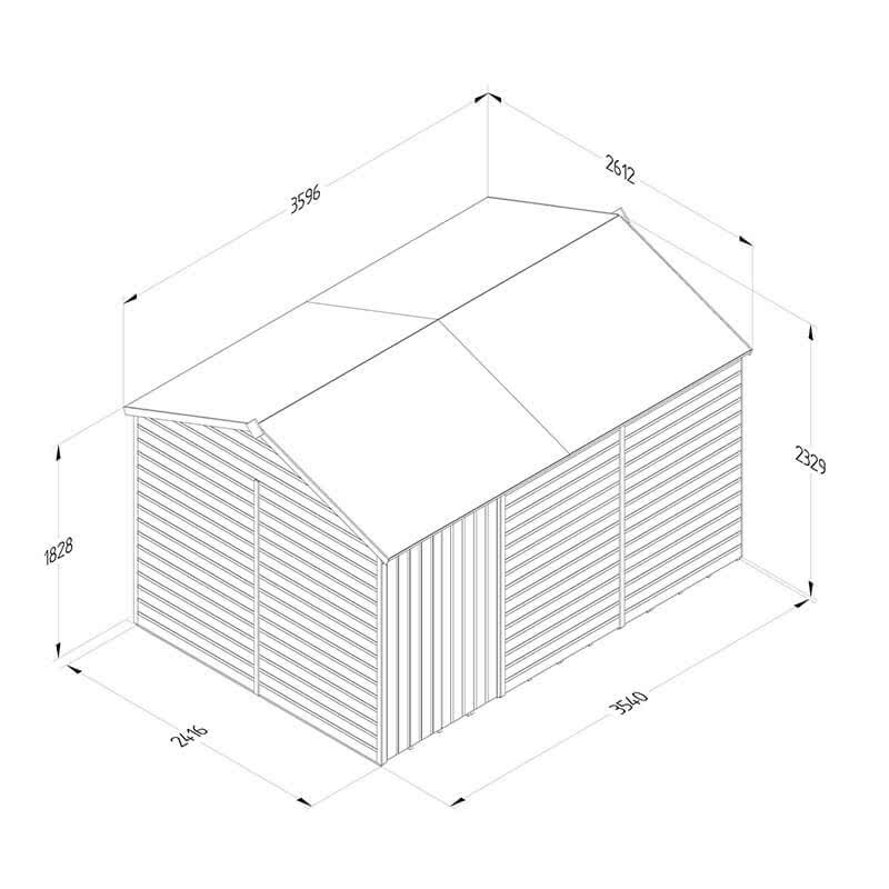 12' x 8' Forest Beckwood 25yr Guarantee Shiplap Pressure Treated Windowless Double Door Reverse Apex Wooden Shed (3.6m x 2.61m) Technical Drawing