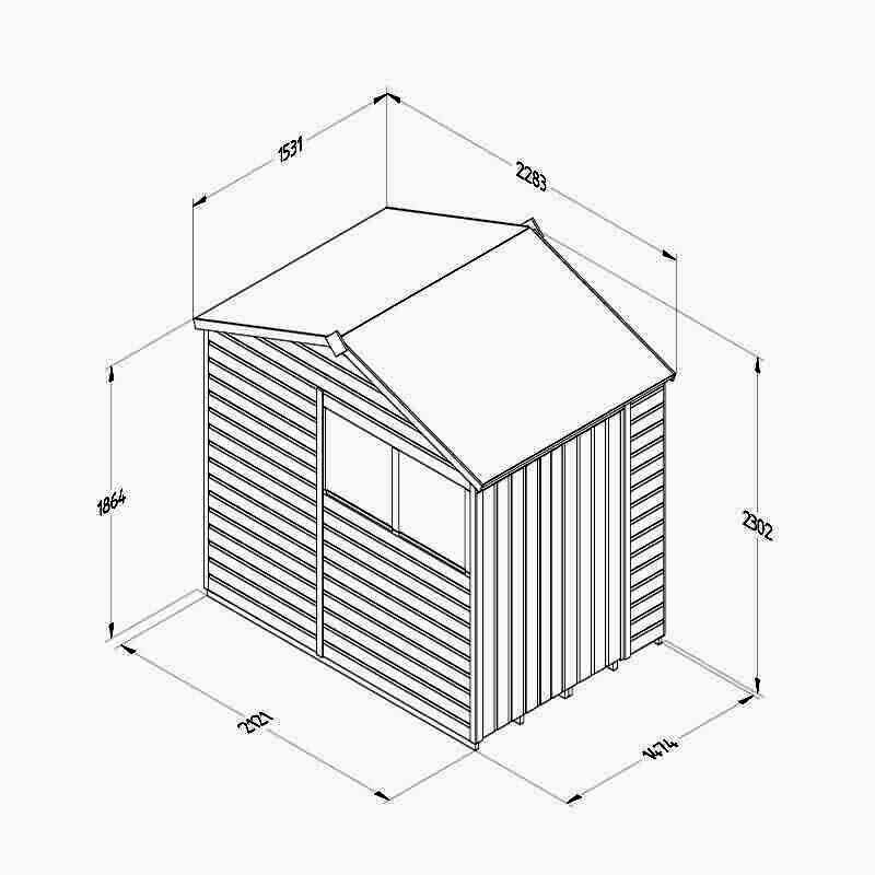 7' x 5' Forest Beckwood 25yr Guarantee Shiplap Pressure Treated Double Door Reverse Apex Wooden Shed (2.28m x 1.53m) Technical Drawing