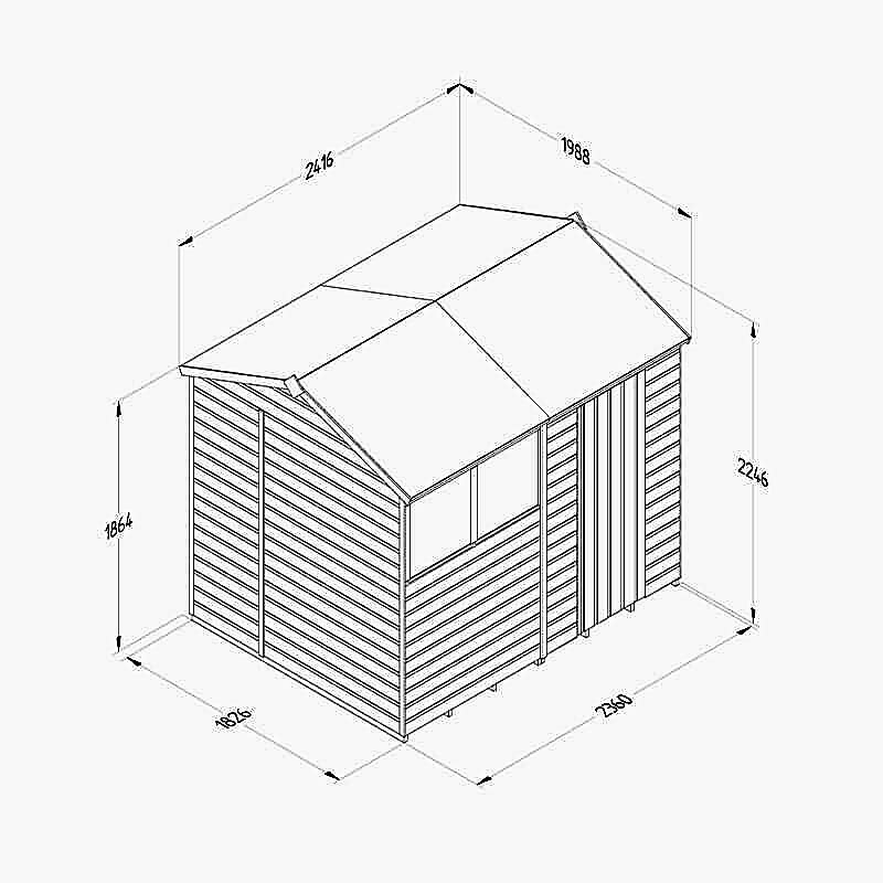 8' x 6' Forest Beckwood 25yr Guarantee Shiplap Pressure Treated Reverse Apex Wooden Shed (2.42m x 1.99m) Technical Drawing