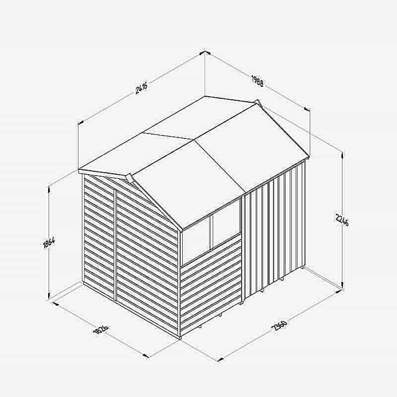 8' x 6' Forest Beckwood 25yr Guarantee Shiplap Pressure Treated Double Door Reverse Apex Wooden Shed (2.42m x 1.99m) Technical Drawing