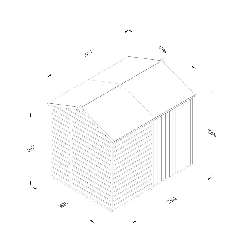 8' x 6' Forest Beckwood 25yr Guarantee Shiplap Pressure Treated Windowless Double Door Reverse Apex Wooden Shed (2.42m x 1.99m) Technical Drawing