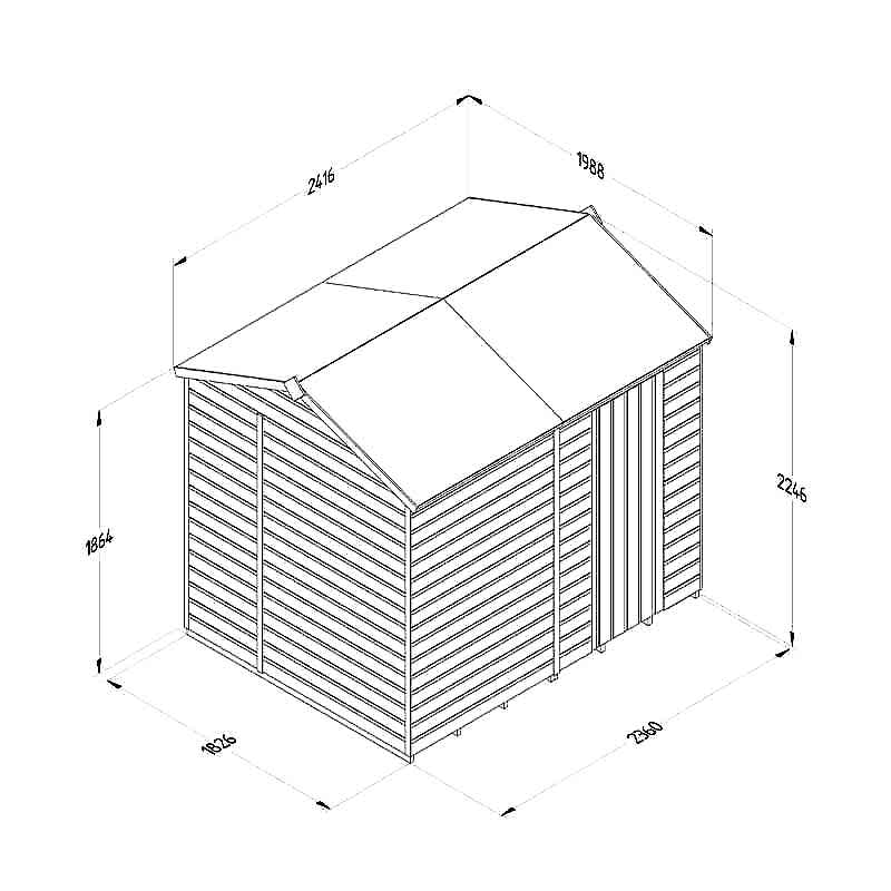 8' x 6' Forest Beckwood 25yr Guarantee Shiplap Pressure Treated Windowless Reverse Apex Wooden Shed (2.42m x 1.99m) Technical Drawing