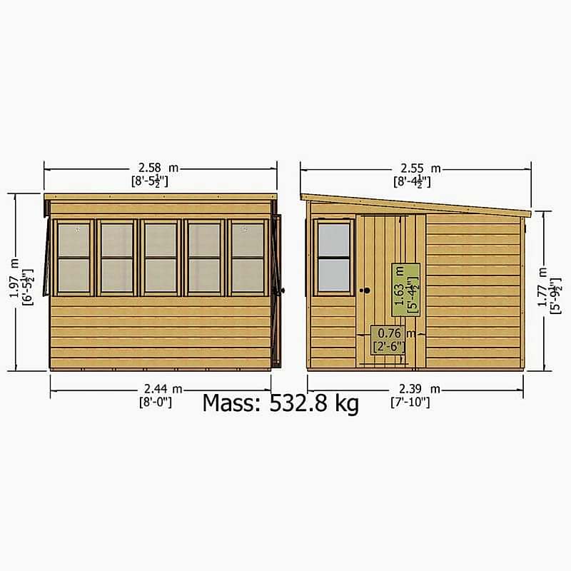 8' x 8' Shire Sun Pent Wooden Garden Potting Shed (2.58m x2.55m) Technical Drawing