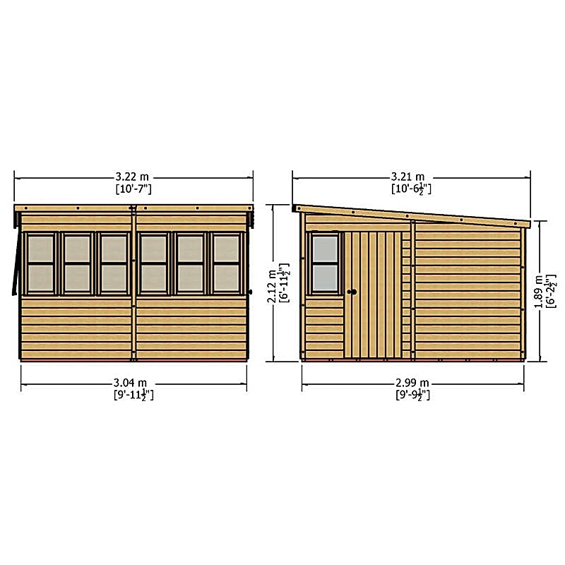 10' x 10' Shire Sun Pent Wooden Garden Potting Shed (3.22m x 3.21m) Technical Drawing