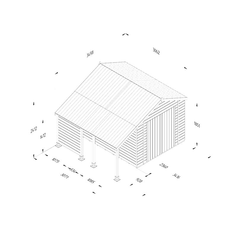 10' x 8' Forest Timberdale 25yr Guarantee Tongue & Groove Pressure Treated Windowless Double Door Apex Shed with Logstore (3.07m x 2.36m) Technical Drawing