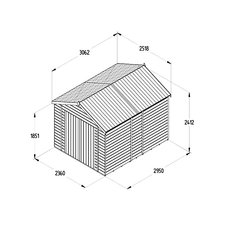 10' x 8' Forest Timberdale 25yr Guarantee Tongue & Groove Pressure Treated Windowless Double Door Apex Shed (3.06m x 2.52m) Technical Drawing