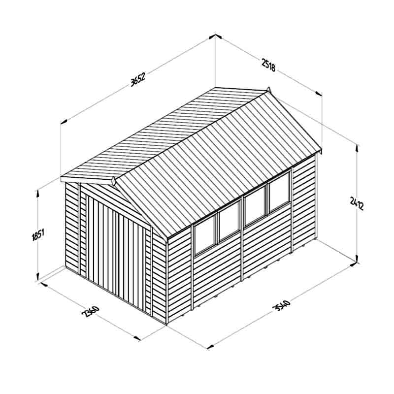 12' x 8' Forest Timberdale 25yr Guarantee Tongue & Groove Pressure Treated Double Door Apex Shed – 4 Windows (3.65m x 2.52m) Technical Drawing