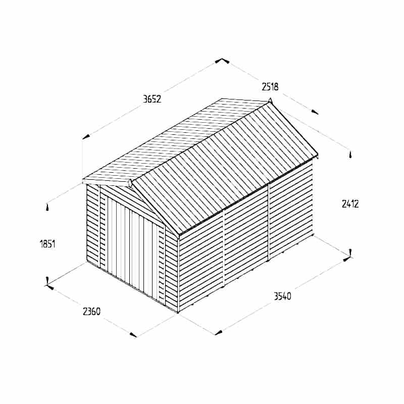 12' x 8' Forest Timberdale 25yr Guarantee Tongue & Groove Pressure Treated Windowless Double Door Apex Shed (3.65m x 2.52m) Technical Drawing