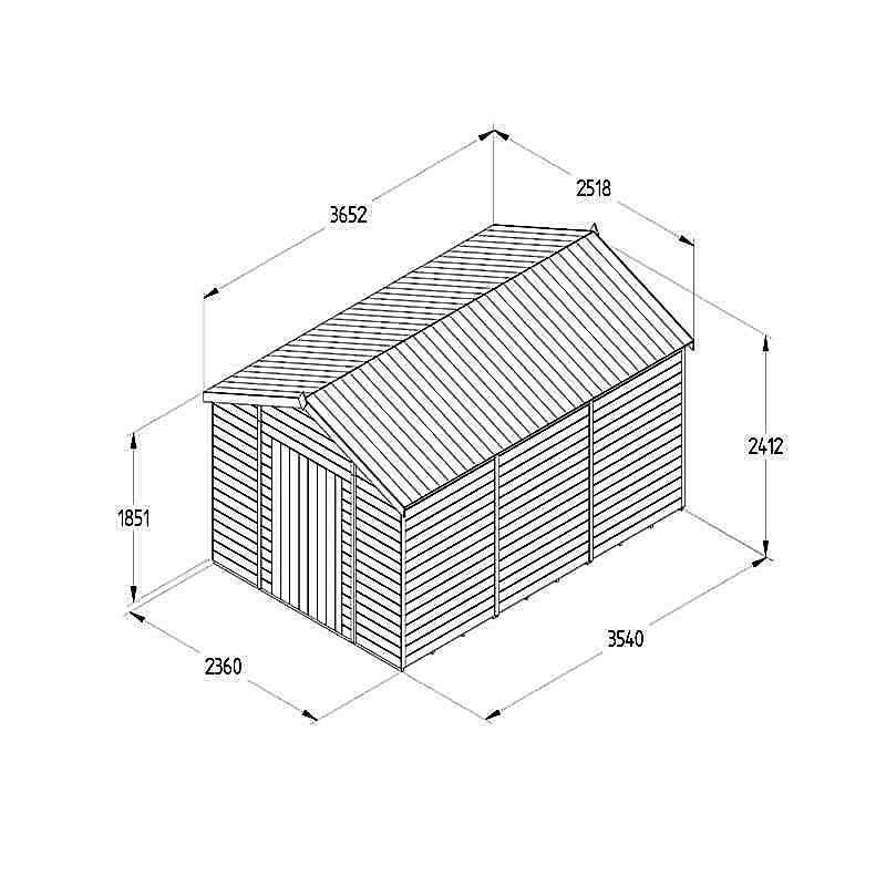 12' x 8' Forest Timberdale 25yr Guarantee Tongue & Groove Pressure Treated Windowless Apex Shed (3.65m x 2.52m) Technical Drawing