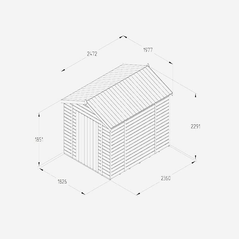 8' x 6' Forest Timberdale 25yr Guarantee Tongue & Groove Pressure Treated Windowless Apex Shed (2.5m x 1.98m) Technical Drawing